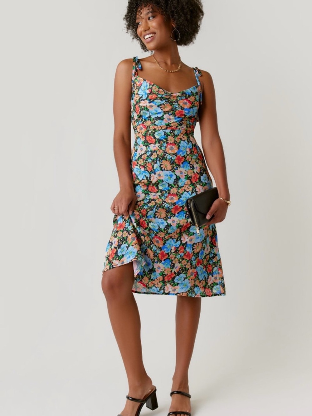 Francesca's Collections Blue & Coral Floral Tie-Shoulder Midi Dress